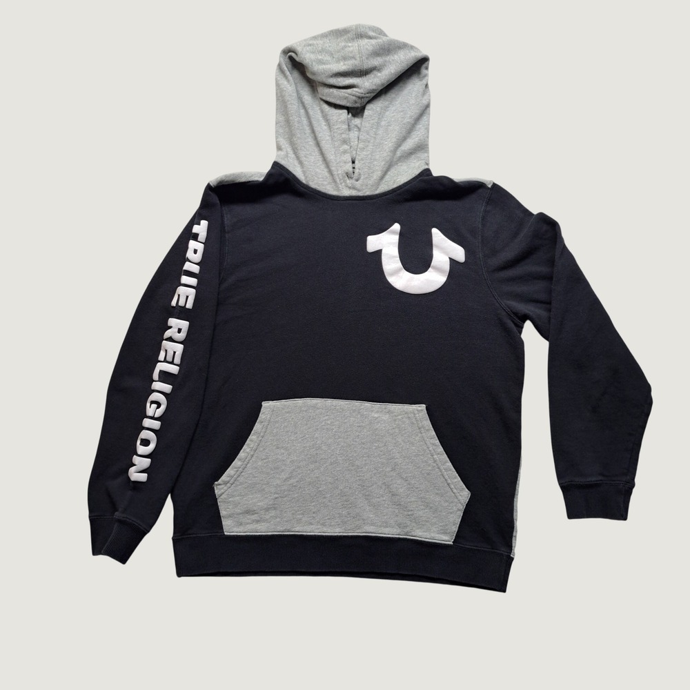 True Religion Color Block Pullover Hoodie Mens Medium Black Grey Excellent Logo